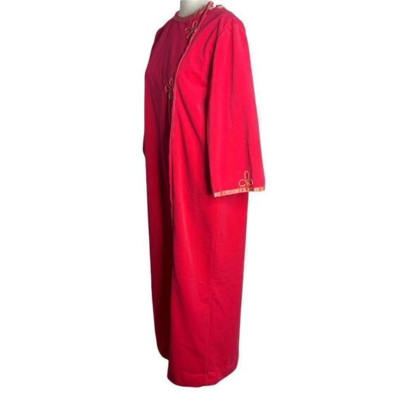 Vintage 80s Velour Full Length Housecoat Robe M Pink Zip Front Ribbon Trim - Picture 3 of 6